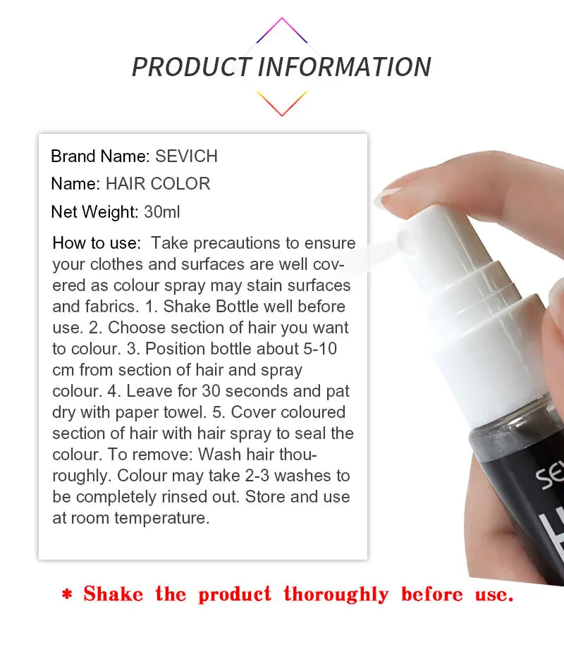 Sevich 8 Colors 30ml Hair Dye Spray Disposable Hair Quick Spray Waterproof Hair Dye Blue/Red Fashion Instant Hair Color Products