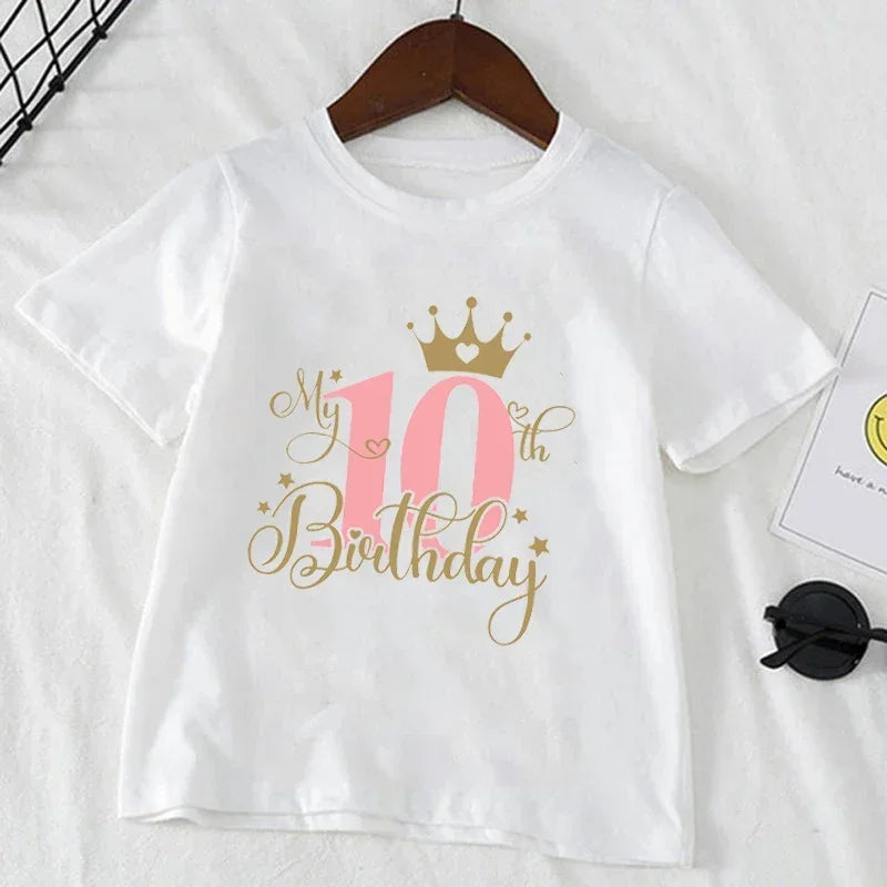 Kids T Shirt Birthday Numbers 1-10 Crown Shirt Summer Girls Birthday Tops White Short Sleeve Wild Tees Children Party Clothes