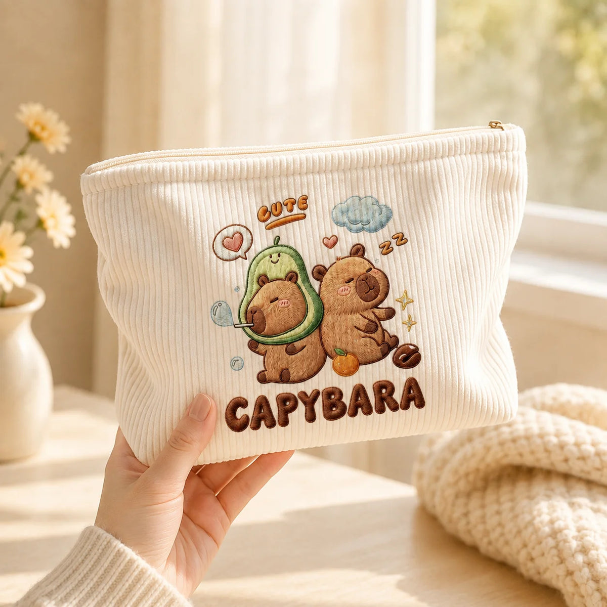 Cosmetic Bag Cute Capybara Corduroy Makeup Bag Large Capacity Zipper Pouch for Women Travel Toiletry Organizer Beauty Storage