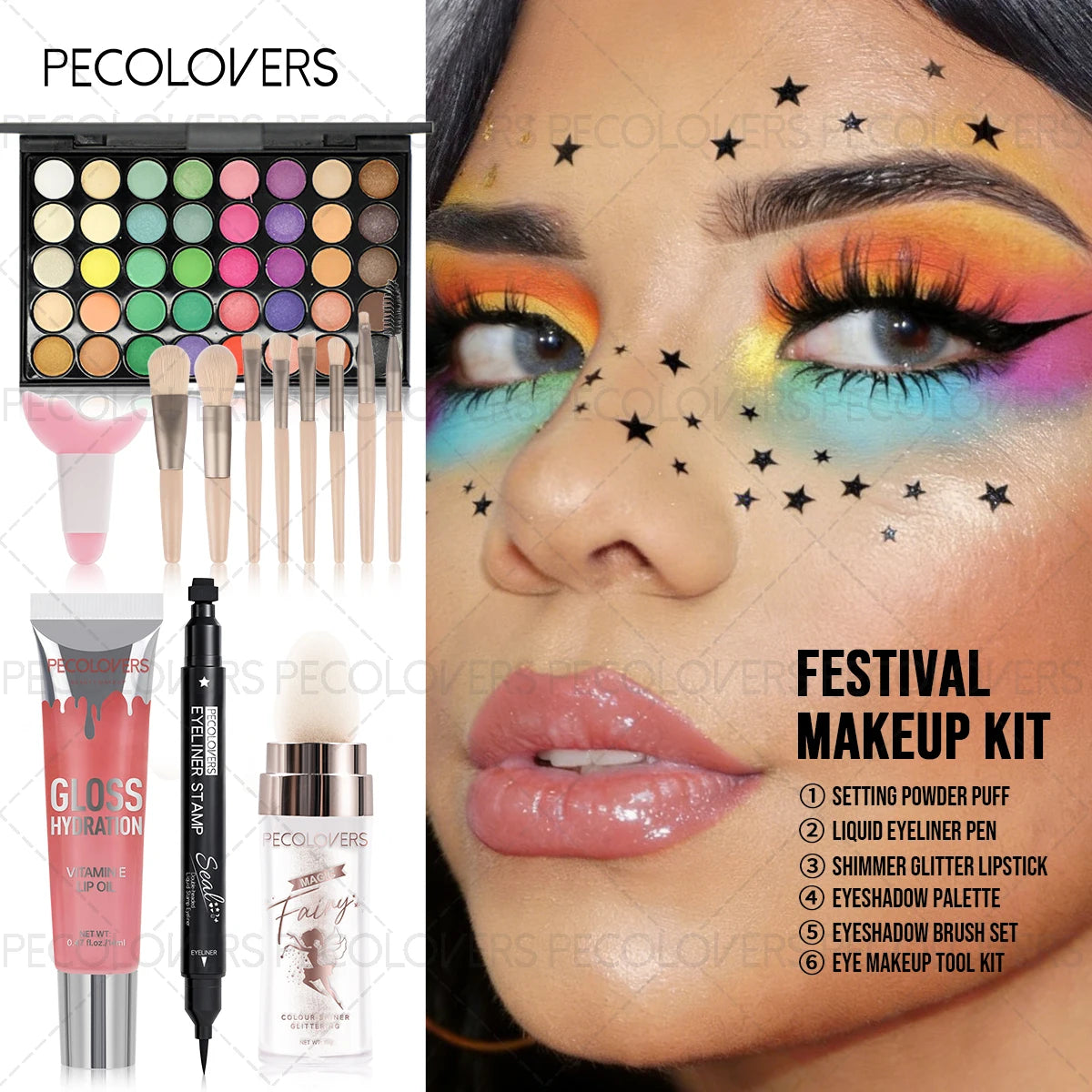 13PCS Waterproof Eye Cosmetics Set, Eyeshadow Palette + Eyeliner + Lip Gloss + Highlight Stick + Makeup Brush, Even Color Payoff
