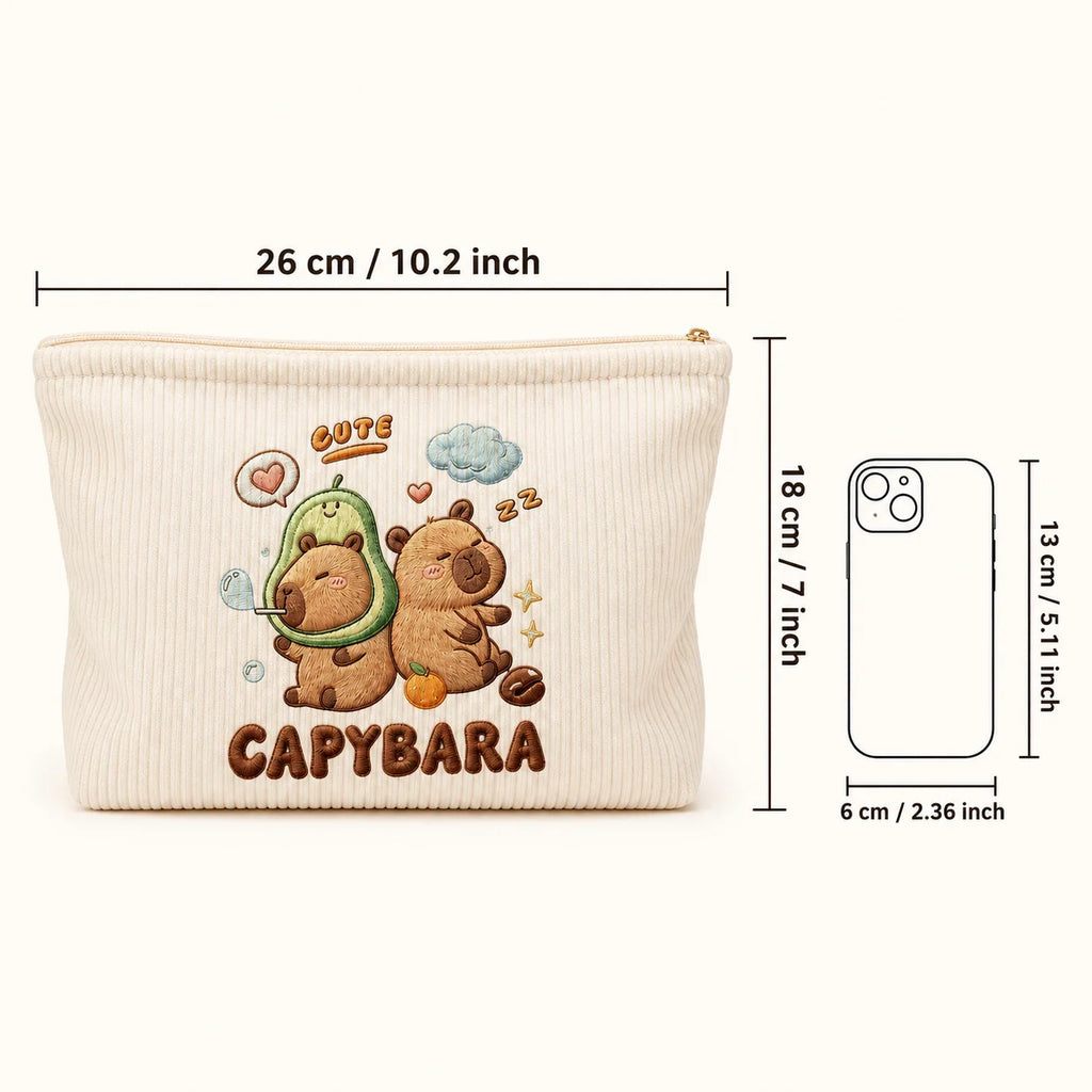 Cosmetic Bag Cute Capybara Corduroy Makeup Bag Large Capacity Zipper Pouch for Women Travel Toiletry Organizer Beauty Storage