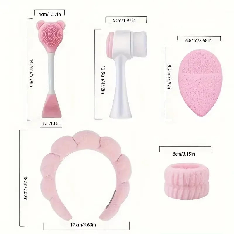 7-piece makeup and face wash beauty set, including 3 headband sets, 1 cosmetic bag, 2 face wash brushes and 1 powder puff