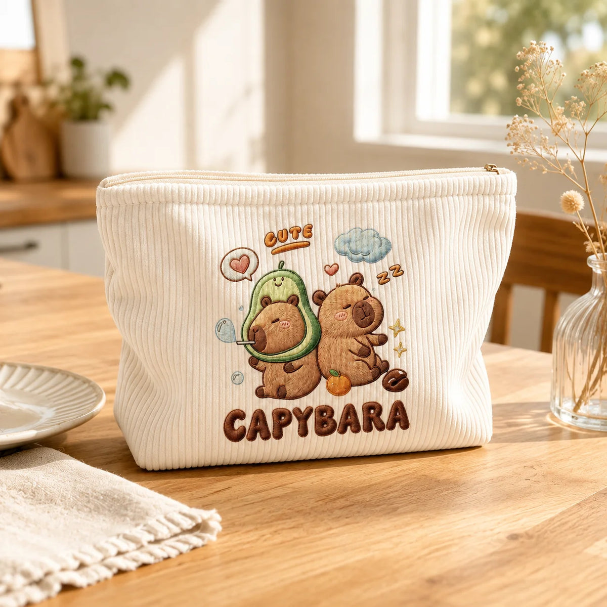 Cosmetic Bag Cute Capybara Corduroy Makeup Bag Large Capacity Zipper Pouch for Women Travel Toiletry Organizer Beauty Storage