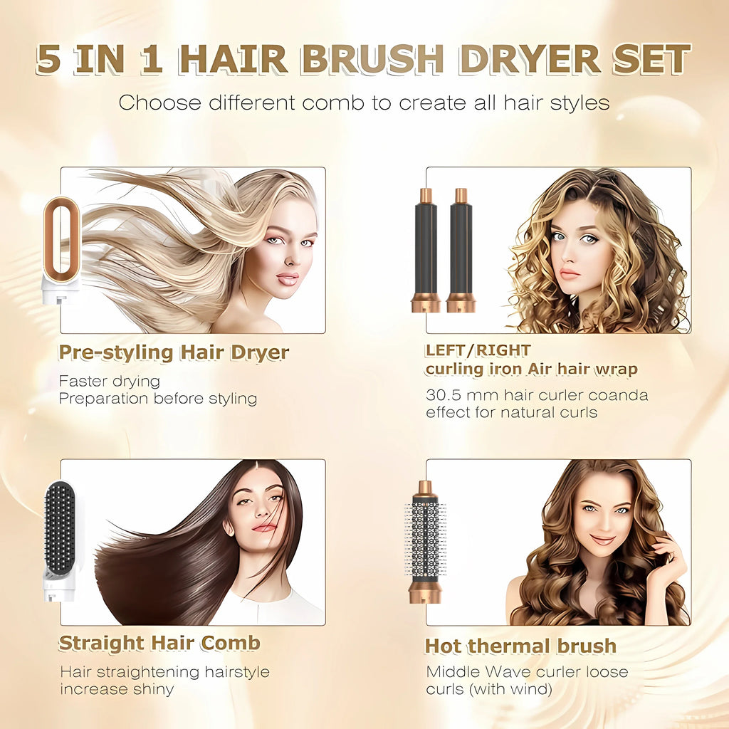 LUXLOCK 5-In-1 Hair Dryer Curling Iron Hot Air Comb Dyso Air Bag Hair Dryer Styling Tool Straightener Hairdressing Tool Gift