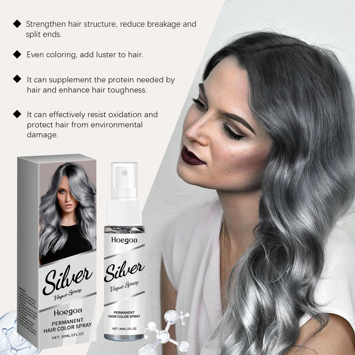 Silver Gray Hair Color Spray Long Lasting Color Gentle Formula Easy Application For Quick Styling Fashion Hair Dye Mist