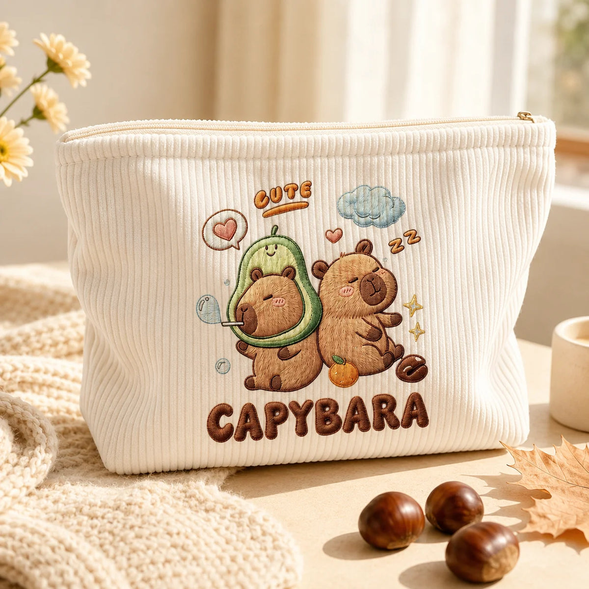 Cosmetic Bag Cute Capybara Corduroy Makeup Bag Large Capacity Zipper Pouch for Women Travel Toiletry Organizer Beauty Storage