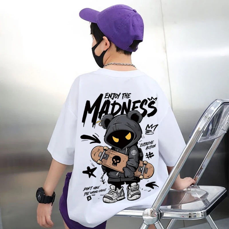 Children's Tops High Street American Skateboard Bear Graphic T-shirt Kids Clothes Summer Cotton T Shirt for Kids Boy 10 Years