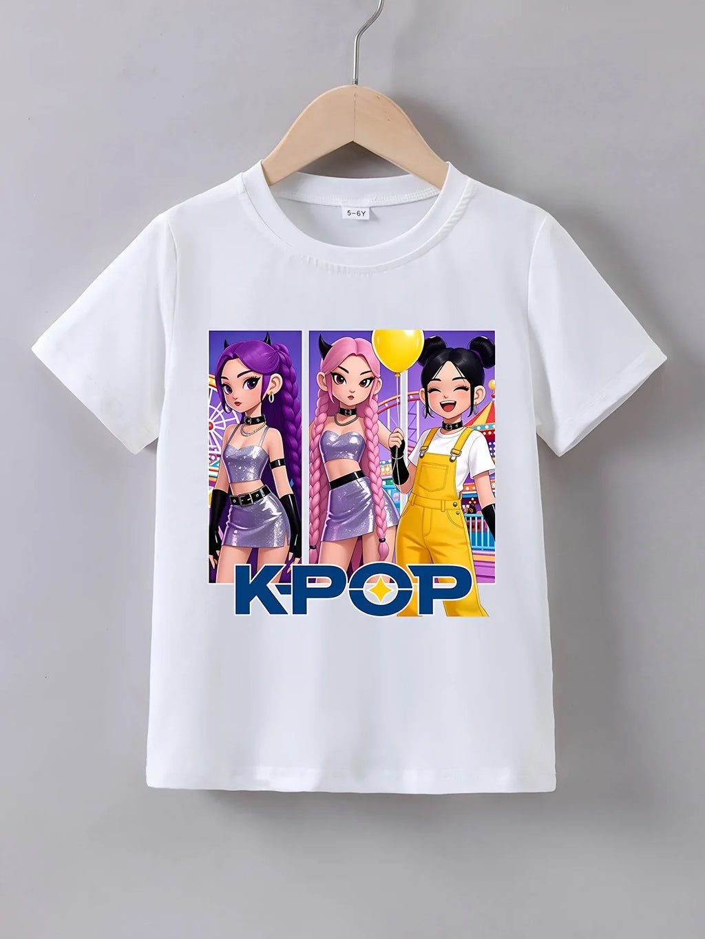 2026 Kids Girls Kpop T-Shirt, Cute 3 Idol Print, Soft Cotton, Summer Casual Short Sleeve Tee