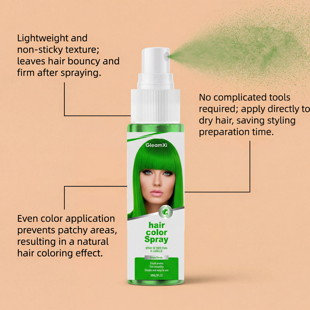 Temporary White / Green Hair Spray Fashion Bright Hair Styling Spray Light Non Stain Clothes Long Lasting Fresh Look Washable