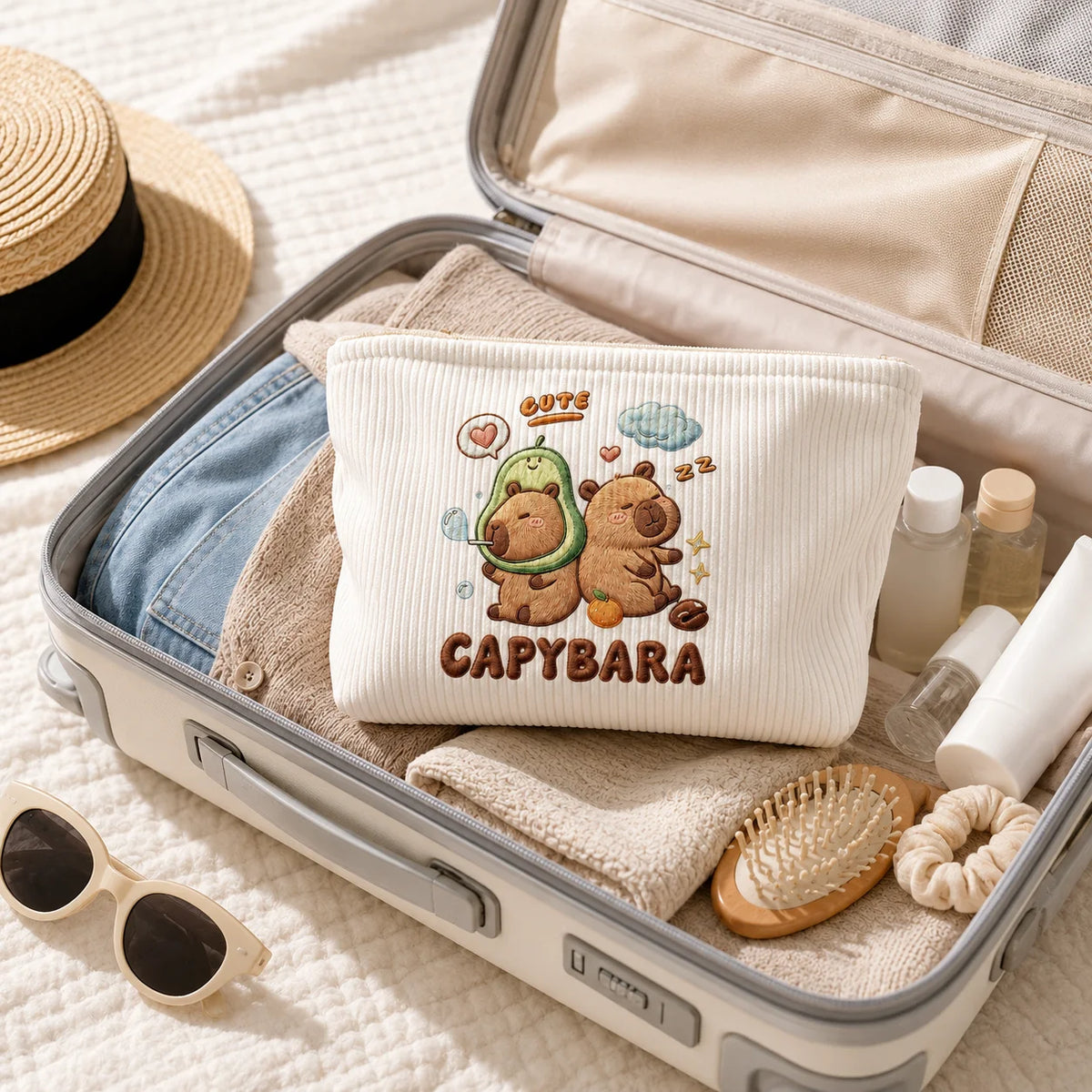 Cosmetic Bag Cute Capybara Corduroy Makeup Bag Large Capacity Zipper Pouch for Women Travel Toiletry Organizer Beauty Storage