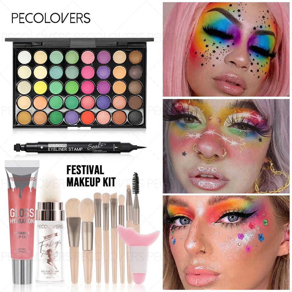 13PCS Waterproof Eye Cosmetics Set, Eyeshadow Palette + Eyeliner + Lip Gloss + Highlight Stick + Makeup Brush, Even Color Payoff