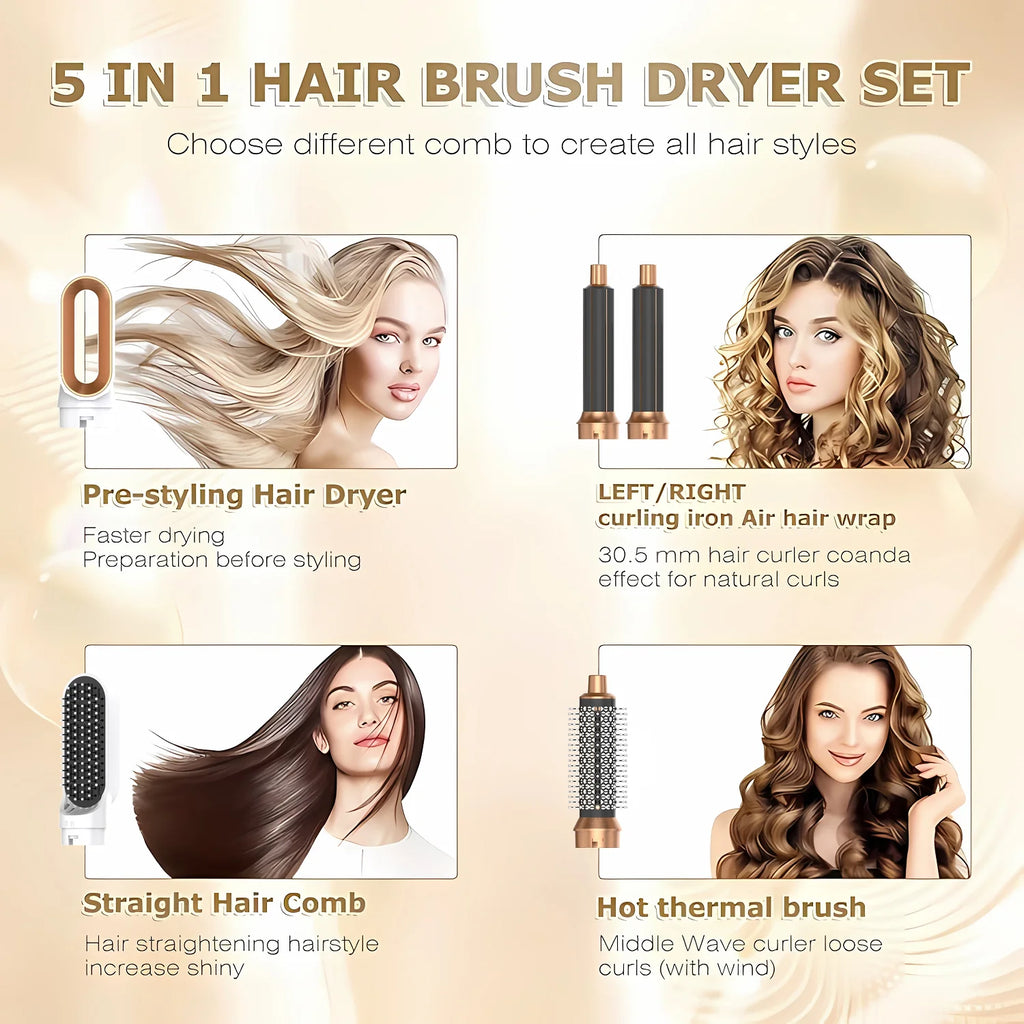 LUXLOCK 5-In-1 Hair Dryer Curling Iron Hot Air Comb Dyso Air Bag Hair Dryer Styling Tool Straightener Hairdressing Tool Gift