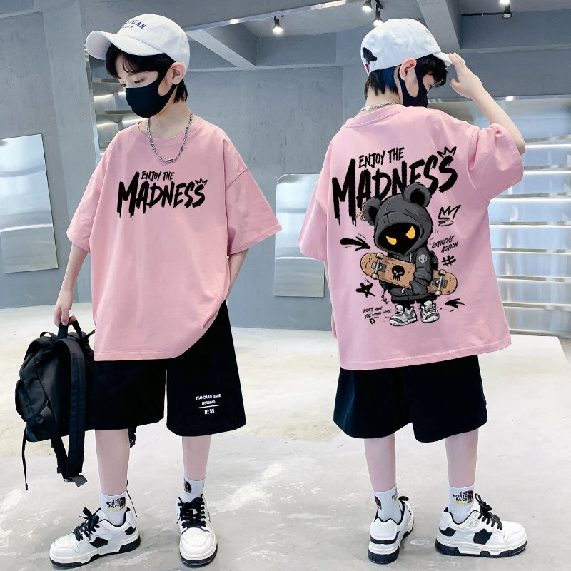 Children's Tops High Street American Skateboard Bear Graphic T-shirt Kids Clothes Summer Cotton T Shirt for Kids Boy 10 Years