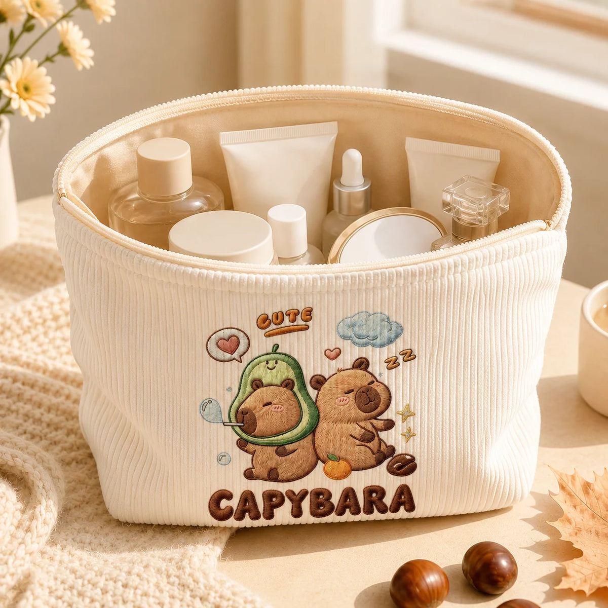 Cosmetic Bag Cute Capybara Corduroy Makeup Bag Large Capacity Zipper Pouch for Women Travel Toiletry Organizer Beauty Storage