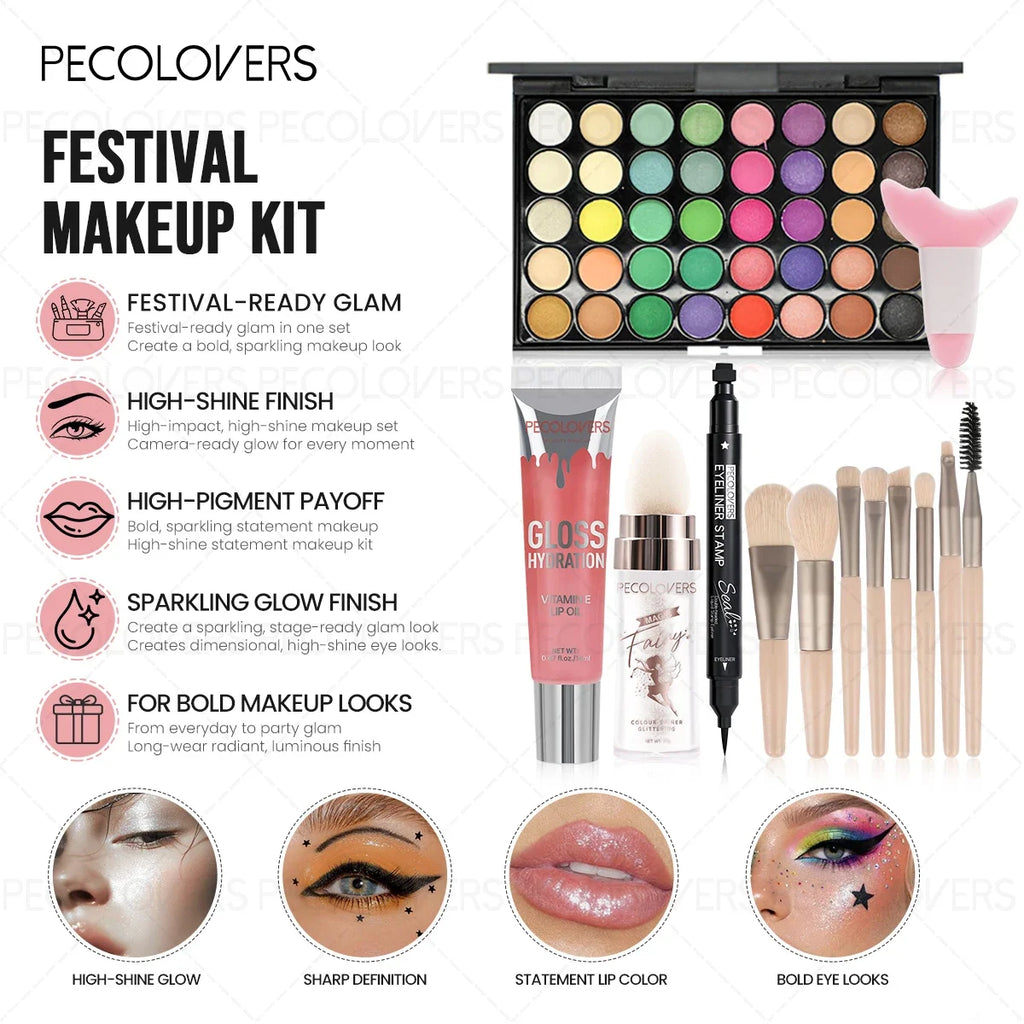 13PCS Waterproof Eye Cosmetics Set, Eyeshadow Palette + Eyeliner + Lip Gloss + Highlight Stick + Makeup Brush, Even Color Payoff