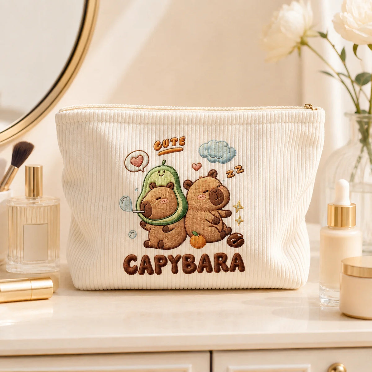 Cosmetic Bag Cute Capybara Corduroy Makeup Bag Large Capacity Zipper Pouch for Women Travel Toiletry Organizer Beauty Storage